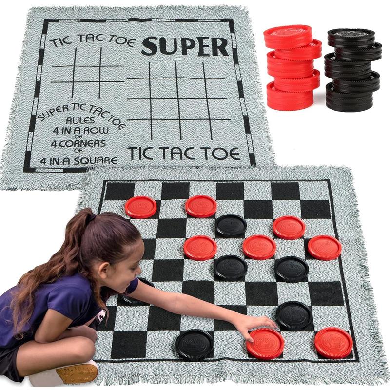 3-in-1 Giant Checkers and Tic Tac Toe Game Set, Reversible Mat with 24 Chips, Family Board Game for Indoor & Outdoor Fun, Perfect for BBQs, Parties, and All Ages