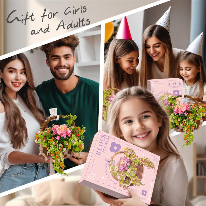 Flower Basket Building Block, Flower Bouquet Kits 691PCS Flower Succulent Building Bricks with LED Light and Wall Decor Great Gift for Kids Adult