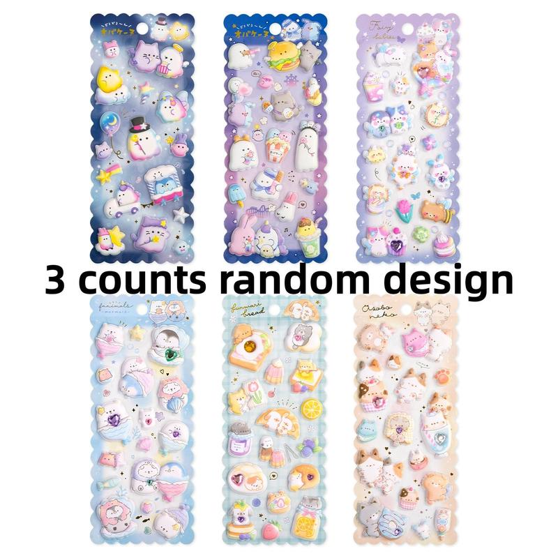 Random Cartoon Animal Pattern Sticker, 3 Counts pack 3D Bubble Sticker, Decorative Sticker for Diy Scrapbooking, Journaling, Gift Wrapping