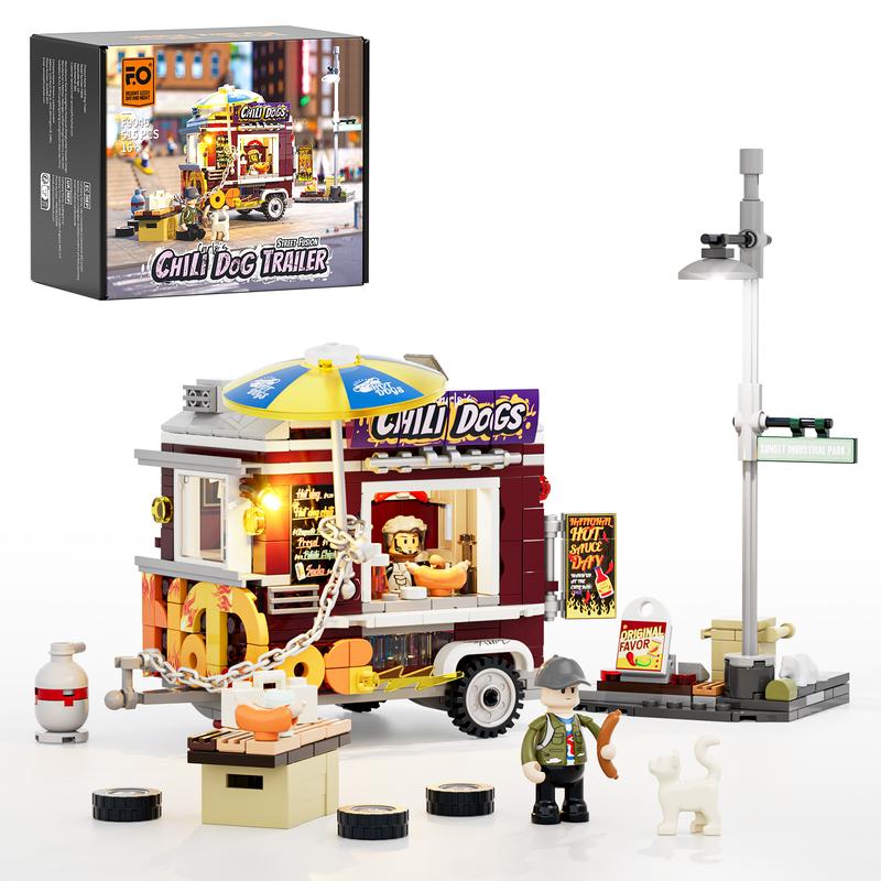 FUNWHOLE Chili Dog Trailer ,Christmas gift,Lighting Building-Bricks Set - City Food Truck Toy Playkit 515 Pcs for Adults and Kids