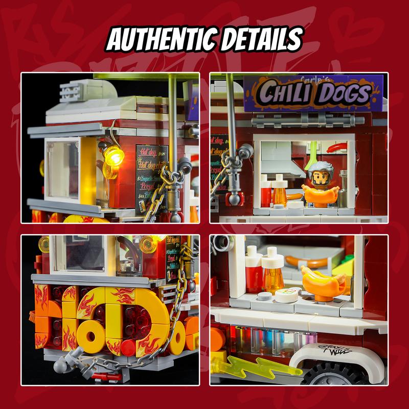 FUNWHOLE Chili Dog Trailer ,Christmas gift,Lighting Building-Bricks Set - City Food Truck Toy Playkit 515 Pcs for Adults and Kids