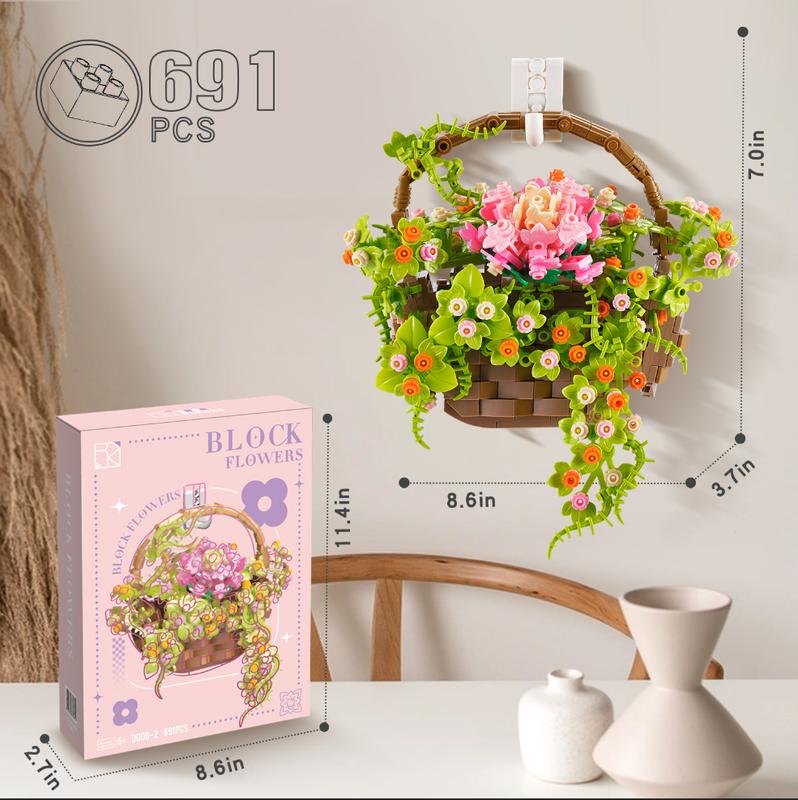 Flower Basket Building Block, Flower Bouquet Kits 691PCS Flower Succulent Building Bricks with LED Light and Wall Decor Great Gift for Kids Adult