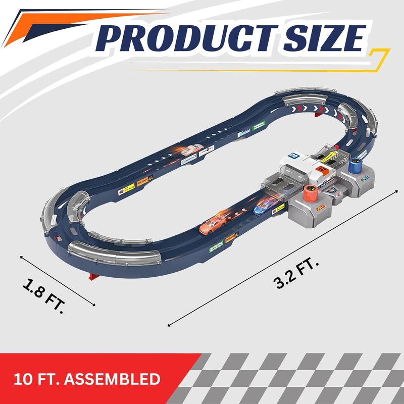 2-Player Racing Track Set - 10-Ft Button-Powered Track with Speed Control, Corner Barriers & Two Die-Cast 1 64 Scale Cars - Ultimate Fun for Kids 3+