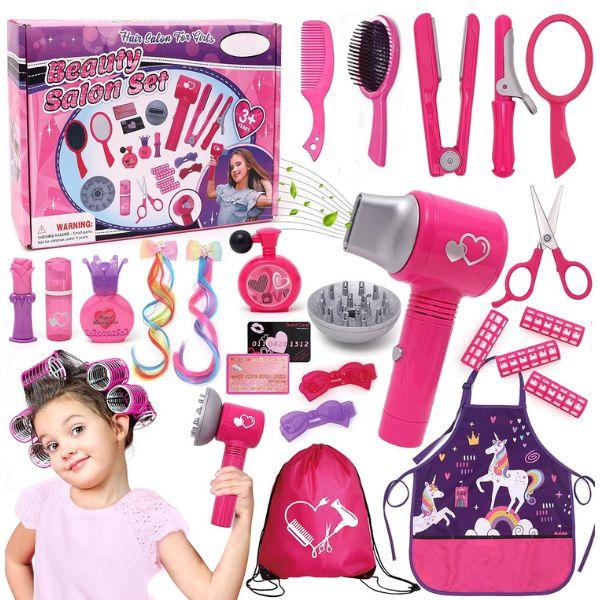 Christmas Hair Salon Toys for Girls Beauty Salon Set with Pretend Play Hair Salon Stylist Toy Kit with Barber Apron, Hair Dryer, Mirror, Scissors and Styling Accessories