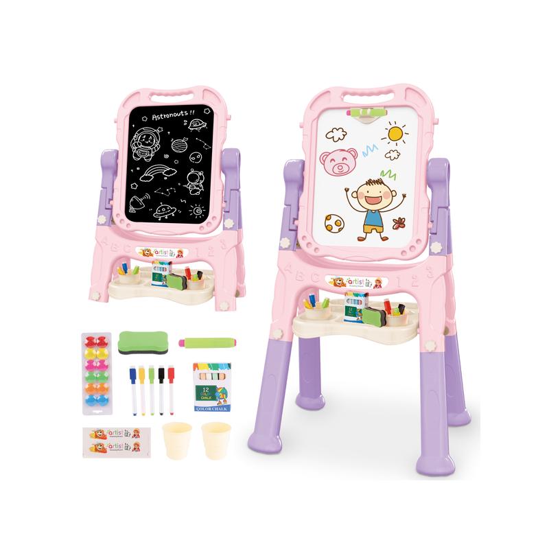 Art Easel Toys For Kids, 4-In-1 Double Magnetic Drawing Board Adjustable Standing Rotatable Sidewalk Chalk With Painting Writing Accessories, Easel Toys Birthday Gifts For Girls Boy