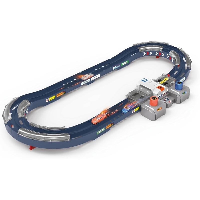 2-Player Racing Track Set - 10-Ft Button-Powered Track with Speed Control, Corner Barriers & Two Die-Cast 1 64 Scale Cars - Ultimate Fun for Kids 3+