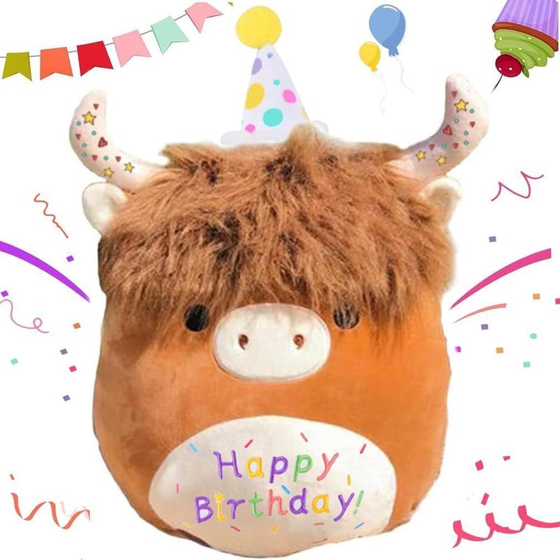 18'' Scottish Highland Cow Plush Toys Cute Soft Highland Cow Stuffed Animal Pillow Kawaii Brown Fluffy Cow plushie for Kids Girls Boys Birthday Valentines Day