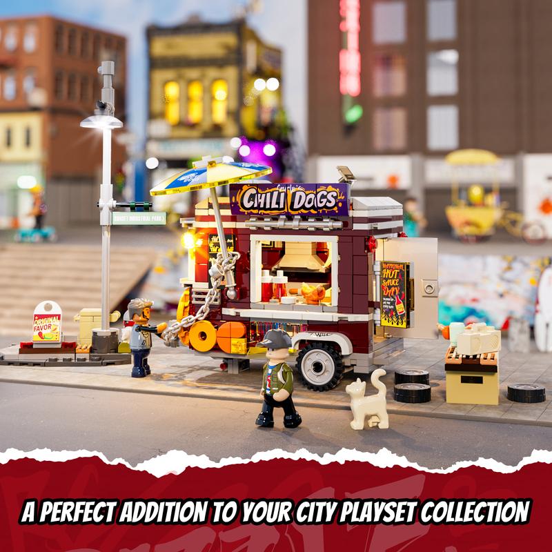 FUNWHOLE Chili Dog Trailer ,Christmas gift,Lighting Building-Bricks Set - City Food Truck Toy Playkit 515 Pcs for Adults and Kids