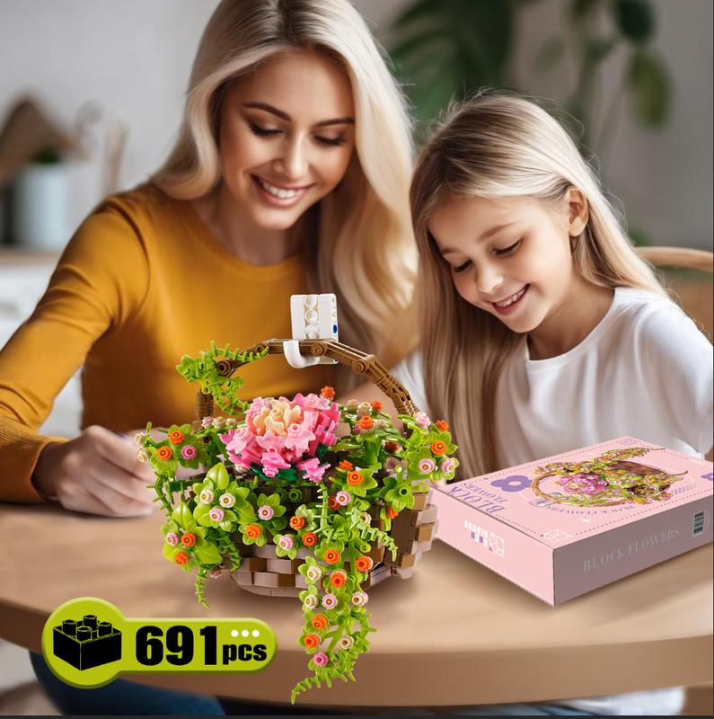 Flower Basket Building Block, Flower Bouquet Kits 691PCS Flower Succulent Building Bricks with LED Light and Wall Decor Great Gift for Kids Adult