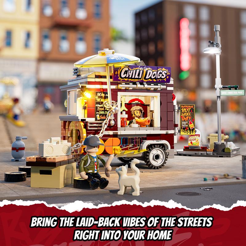 FUNWHOLE Chili Dog Trailer ,Christmas gift,Lighting Building-Bricks Set - City Food Truck Toy Playkit 515 Pcs for Adults and Kids