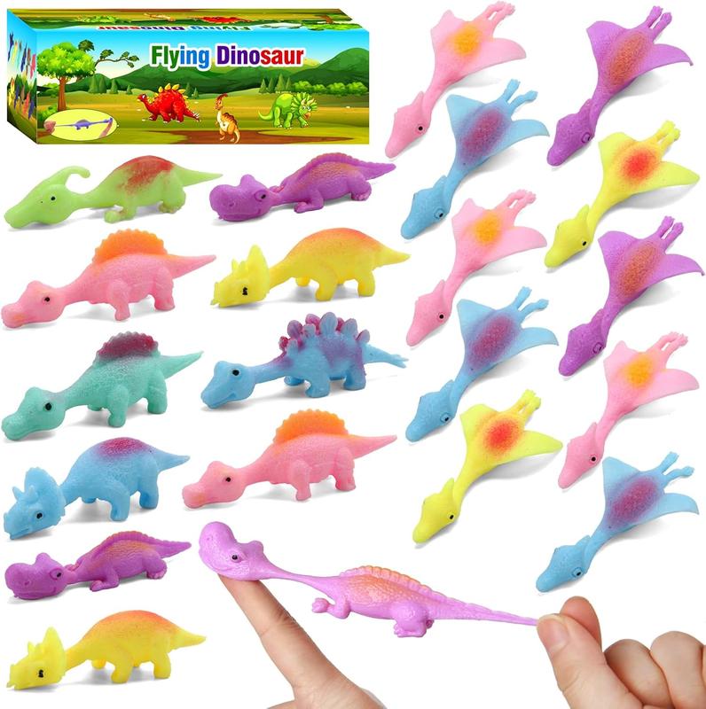 20 count Slingshot Dinosaur Finger Toys, Party Favors for Kids Sticky Rubber Dino Flying Catapult Fidget Toys for Boys Girls Birthday Goodie Bag Easter Basket Stuffers Valentines Xmas Gifts