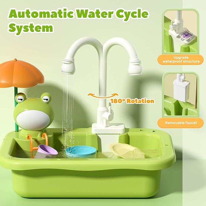 CUTE STONE Play Sink with Running Water, Kitchen Sink Toys with Upgraded Electric Faucet, Play Kitchen Toy Accessories, Pool Floating Fishing Toys for Water Play, Role Play Dishwasher Toy