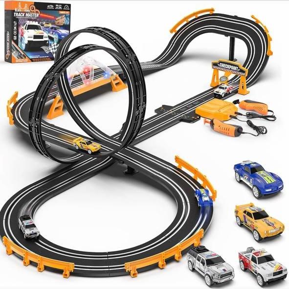 Slot machine racing track with 4 slot machines, electric racing track including ramp roundabout racetrack, flashing bridge and pendulum double racing game, gift toy boy children age 6 years 7 years 8-12 years