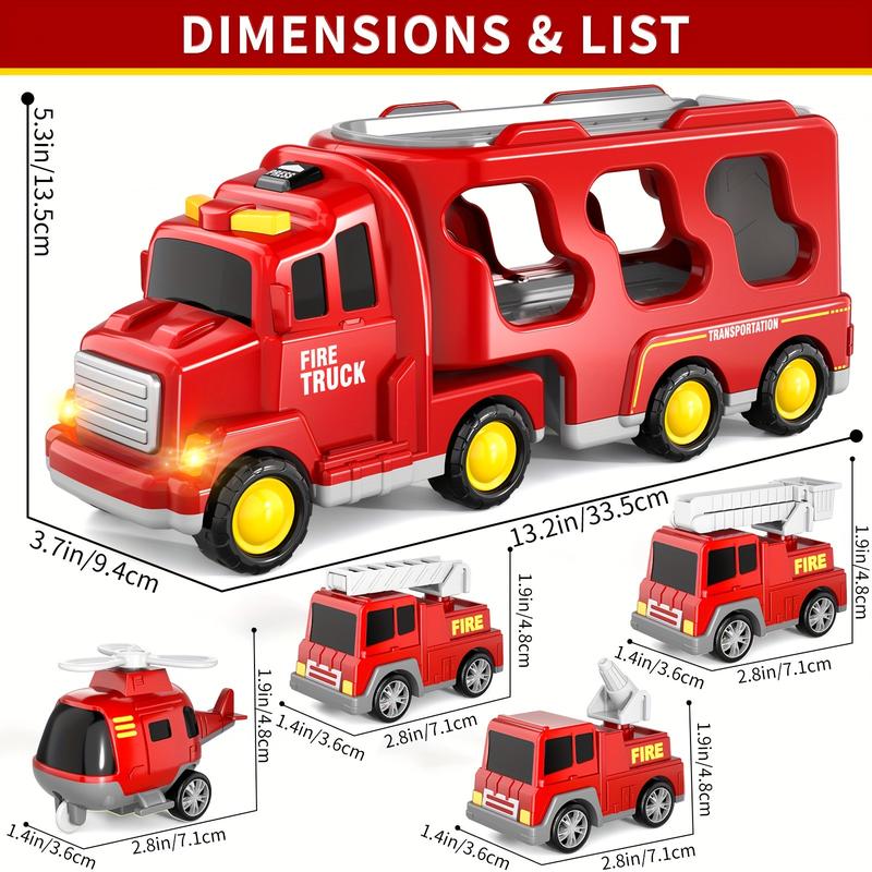 5 In 1 Fire Truck Toys For 3 4 5 6 Years Old Boys, Kids Carrier Fire Trucks Cars With Light Sound And Friction Power