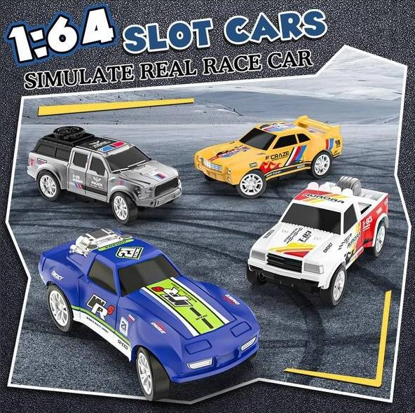 Slot machine racing track with 4 slot machines, electric racing track including ramp roundabout racetrack, flashing bridge and pendulum double racing game, gift toy boy children age 6 years 7 years 8-12 years