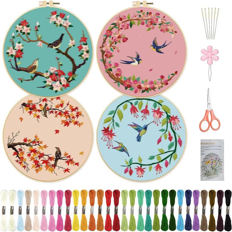 Flower & Bird Pattern Embroidery Kit, 4pcs set DIY Embroidery Set With Accessories, Embroidery Starter Kit For Beginner