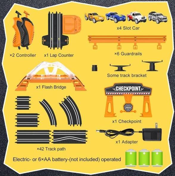 Slot machine racing track with 4 slot machines, electric racing track including ramp roundabout racetrack, flashing bridge and pendulum double racing game, gift toy boy children age 6 years 7 years 8-12 years