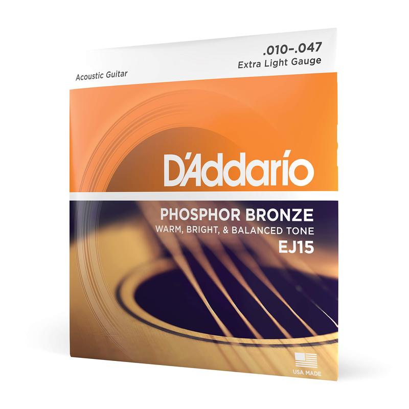 Guitar Strings - Phosphor Bronze Acoustic Guitar Strings - EJ15 - Rich, Full Tonal Spectrum - For 6 String Guitars - 10-47 Extra Light