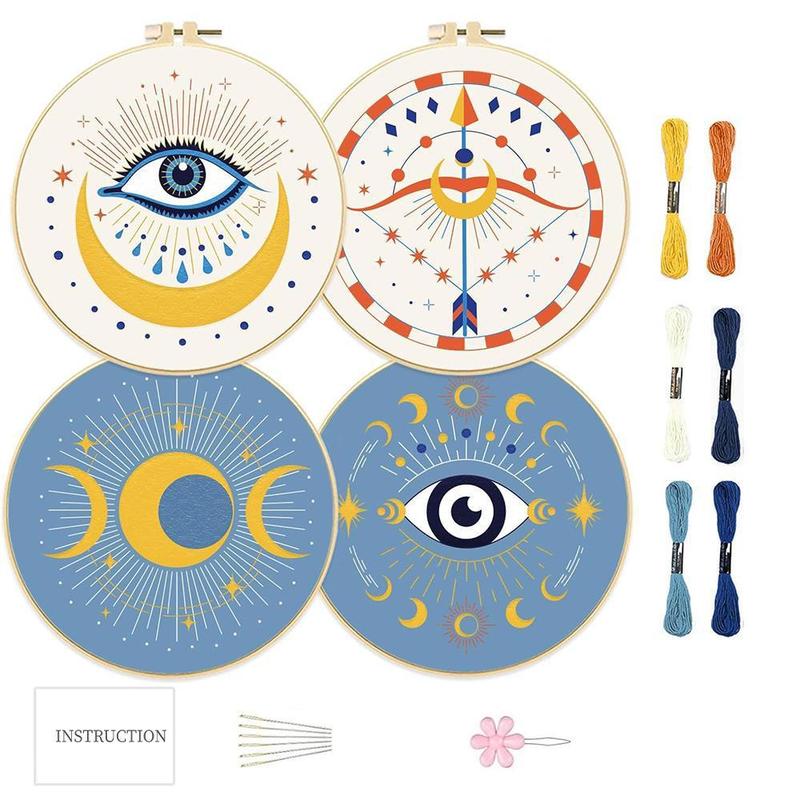 Eye & Moon Pattern Embroidery Kit, 4pcs set Embroidery Cloth with Embroidery Floss Set, (Random Color Embroidery Tools), Fathers Day Gifts From Daughter