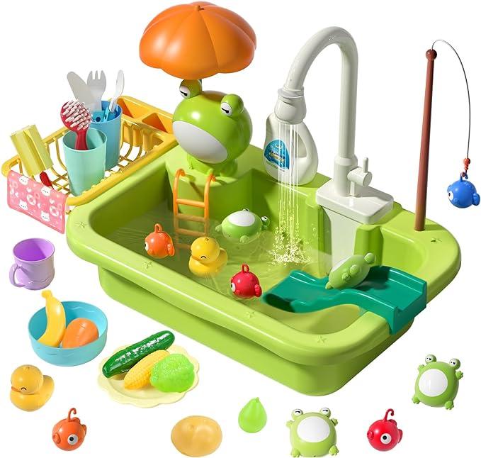 CUTE STONE Play Sink with Running Water, Kitchen Sink Toys with Upgraded Electric Faucet, Play Kitchen Toy Accessories, Pool Floating Fishing Toys for Water Play, Role Play Dishwasher Toy