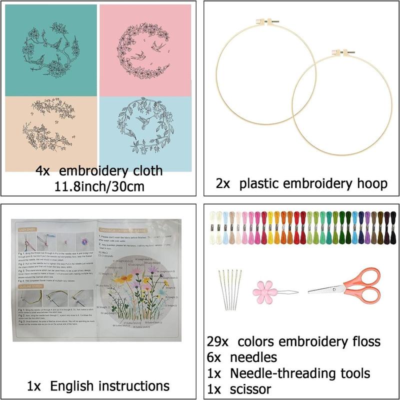 Flower & Bird Pattern Embroidery Kit, 4pcs set DIY Embroidery Set With Accessories, Embroidery Starter Kit For Beginner