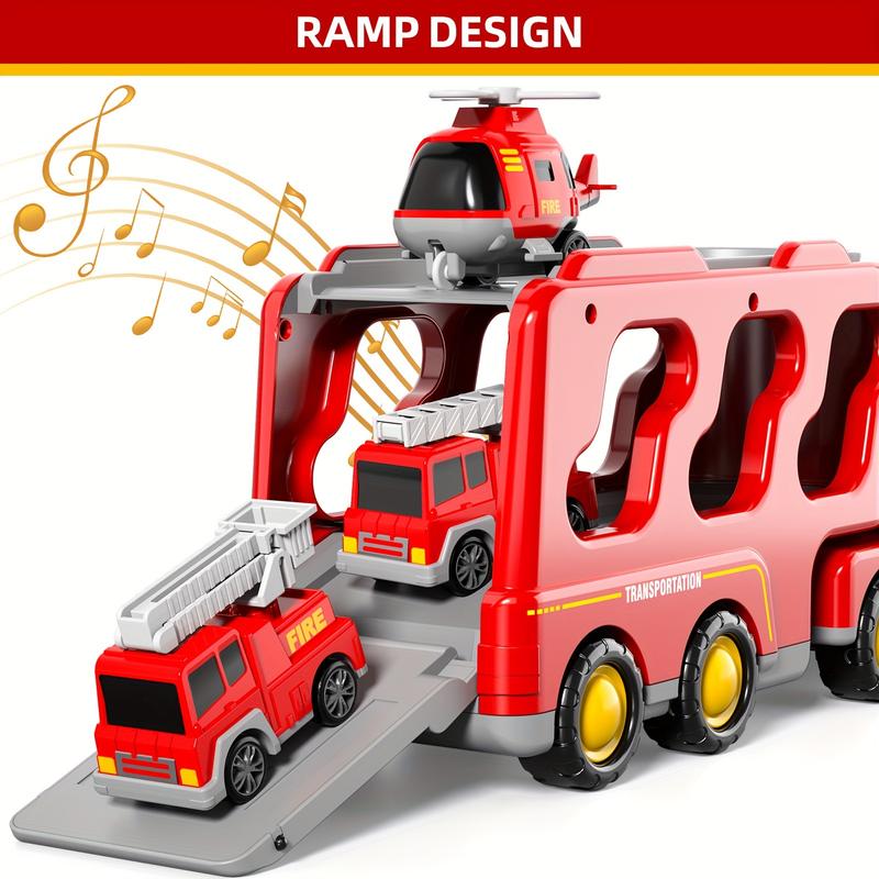 5 In 1 Fire Truck Toys For 3 4 5 6 Years Old Boys, Kids Carrier Fire Trucks Cars With Light Sound And Friction Power