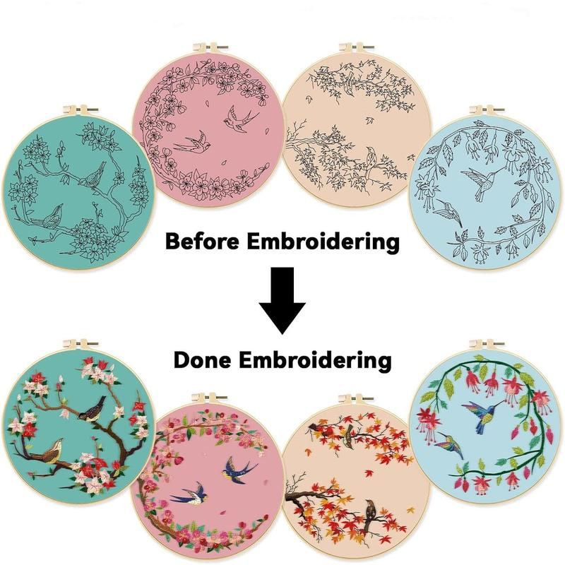 Flower & Bird Pattern Embroidery Kit, 4pcs set DIY Embroidery Set With Accessories, Embroidery Starter Kit For Beginner