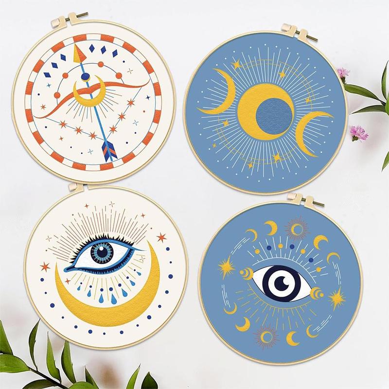 Eye & Moon Pattern Embroidery Kit, 4pcs set Embroidery Cloth with Embroidery Floss Set, (Random Color Embroidery Tools), Fathers Day Gifts From Daughter