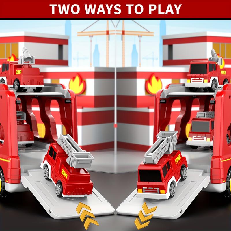 5 In 1 Fire Truck Toys For 3 4 5 6 Years Old Boys, Kids Carrier Fire Trucks Cars With Light Sound And Friction Power