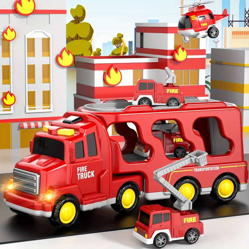 5 In 1 Fire Truck Toys For 3 4 5 6 Years Old Boys, Kids Carrier Fire Trucks Cars With Light Sound And Friction Power