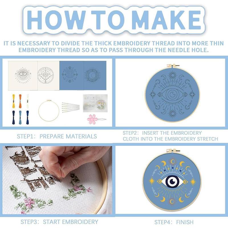 Eye & Moon Pattern Embroidery Kit, 4pcs set Embroidery Cloth with Embroidery Floss Set, (Random Color Embroidery Tools), Fathers Day Gifts From Daughter