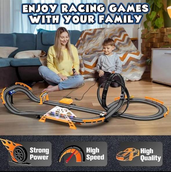 Slot machine racing track with 4 slot machines, electric racing track including ramp roundabout racetrack, flashing bridge and pendulum double racing game, gift toy boy children age 6 years 7 years 8-12 years