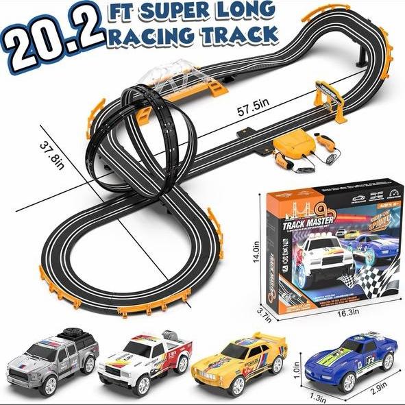 Slot machine racing track with 4 slot machines, electric racing track including ramp roundabout racetrack, flashing bridge and pendulum double racing game, gift toy boy children age 6 years 7 years 8-12 years