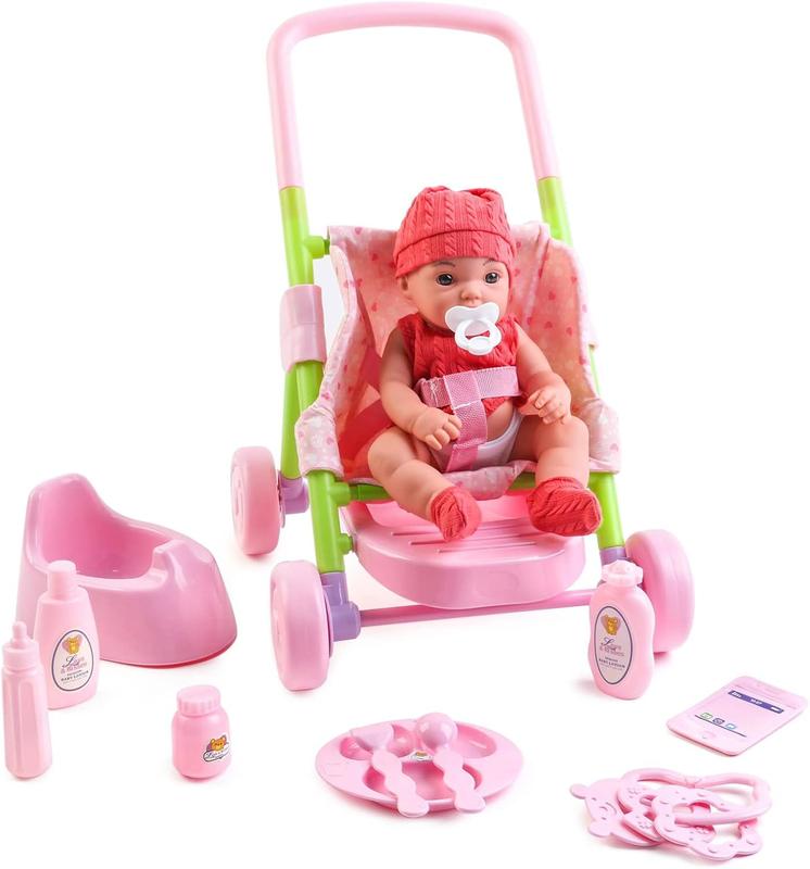 deAO Baby Doll Stroller Set,12 inch Doll Playset with Smooth Rolling 11Pcs Baby Doll Accessories - Great Baby Doll Pretend Toy for 3 4 5 Girls