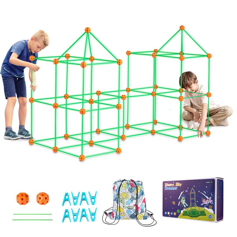 VEVOR Fort Building Kit for Kids, 140PCS Glow in The Dark STEM Building Toys, Educational Gift for 4 5 6 7 8+ Year Old Boys & Girls Indoor Outdoor Play Tent Construction Toys with 96 Rods and 44 Balls  Christmas gift