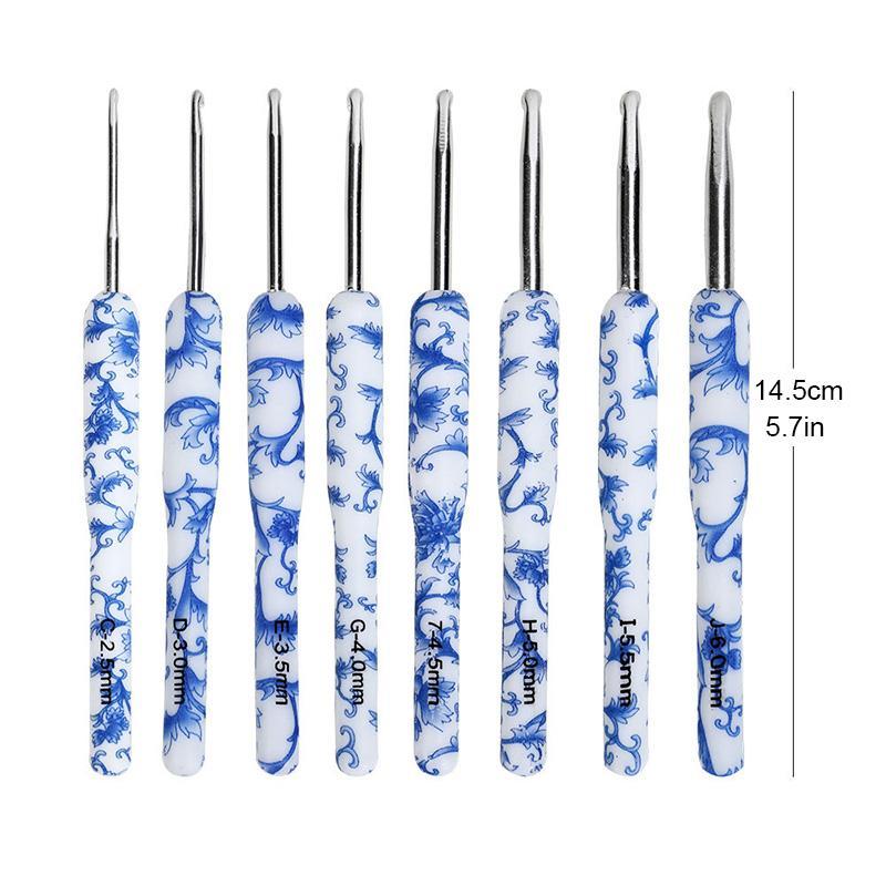 8pcs set Blue and White Porcelain Pattern Crochet Hook Set, Crochet Supplies For DIY