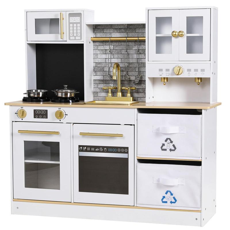 Wooden Pretend Kids Play Kitchen, Toodler Cooking Playset, Stove w Light & Sound, Sink, Microwave, 2 Fabric Boxs, Dishwasher