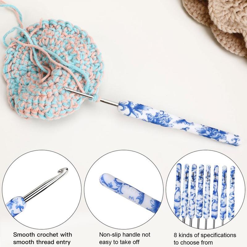 8pcs set Blue and White Porcelain Pattern Crochet Hook Set, Crochet Supplies For DIY