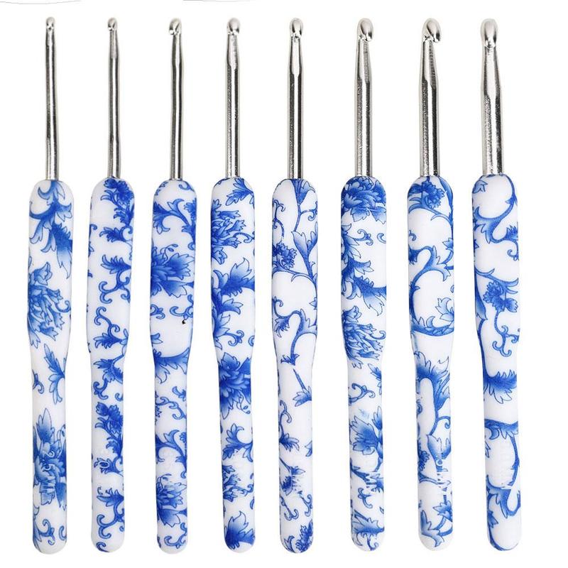 8pcs set Blue and White Porcelain Pattern Crochet Hook Set, Crochet Supplies For DIY