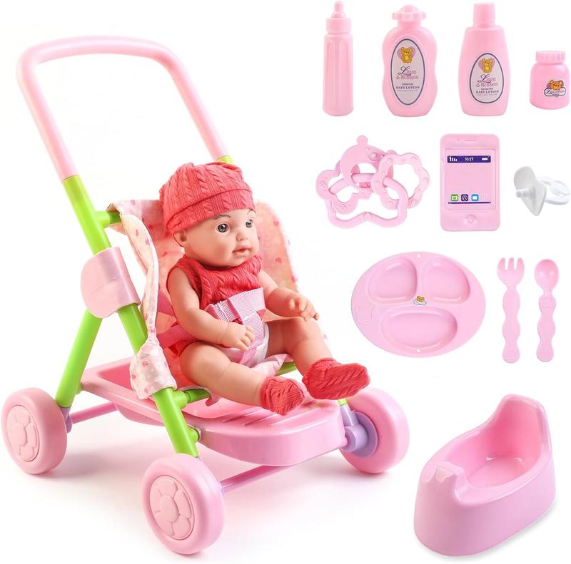 deAO Baby Doll Stroller Set,12 inch Doll Playset with Smooth Rolling 11Pcs Baby Doll Accessories - Great Baby Doll Pretend Toy for 3 4 5 Girls