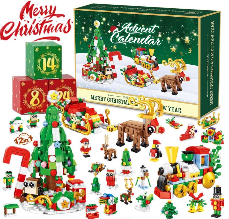 Advent Calendar 2024 Christmas Building Block Set,Christmas Santa Claus Moose Toy Decorations Building Kits for Adults Kids Teen Girls Boys Countdown Calendar Gifts