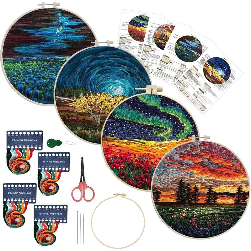 4 Pack Cross Stitch Kits for Beginners with Pattern, Embroidery Hoop and Instructions, Hand Embroidery Starter Kit with Stamped Design for Adults.