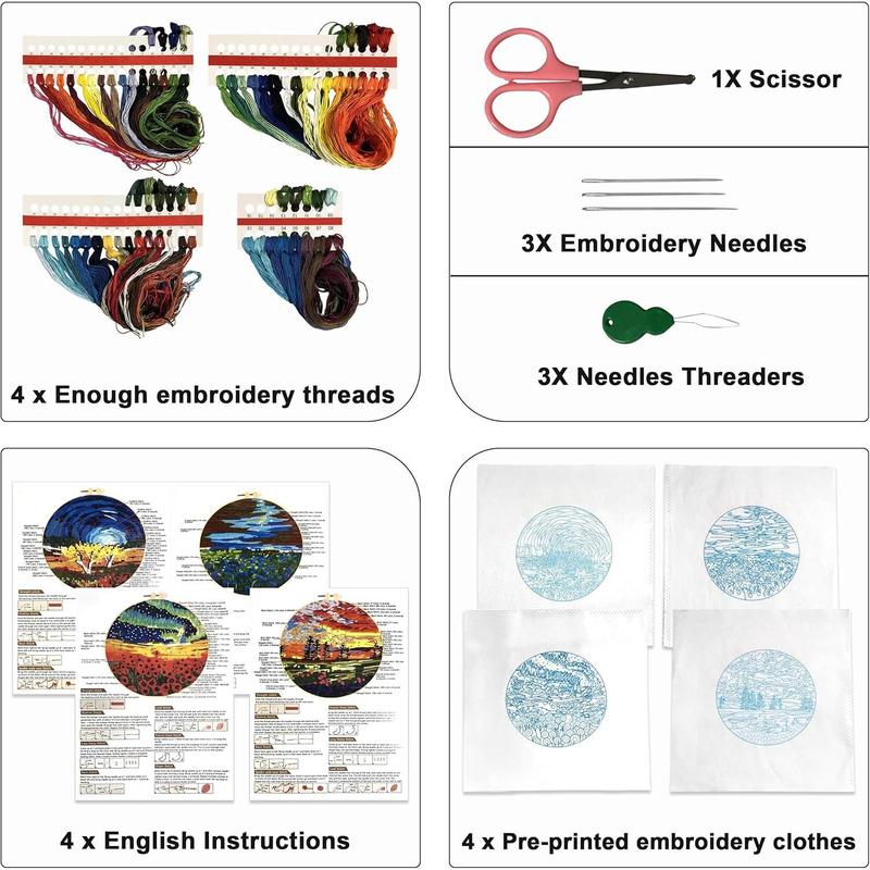 4 Pack Cross Stitch Kits for Beginners with Pattern, Embroidery Hoop and Instructions, Hand Embroidery Starter Kit with Stamped Design for Adults.