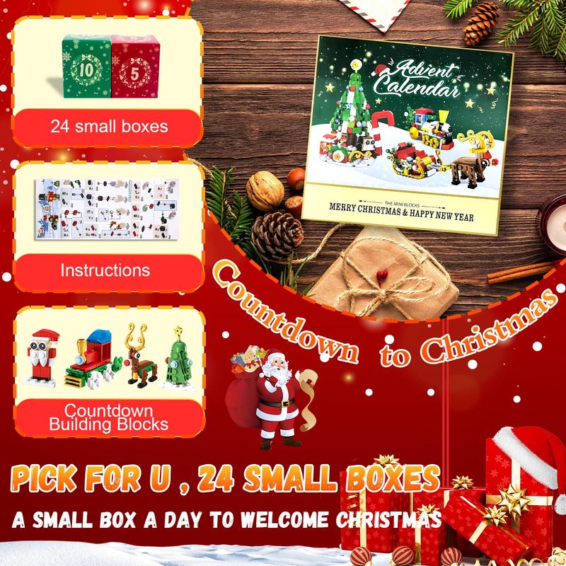 Advent Calendar 2024 Christmas Building Block Set,Christmas Santa Claus Moose Toy Decorations Building Kits for Adults Kids Teen Girls Boys Countdown Calendar Gifts