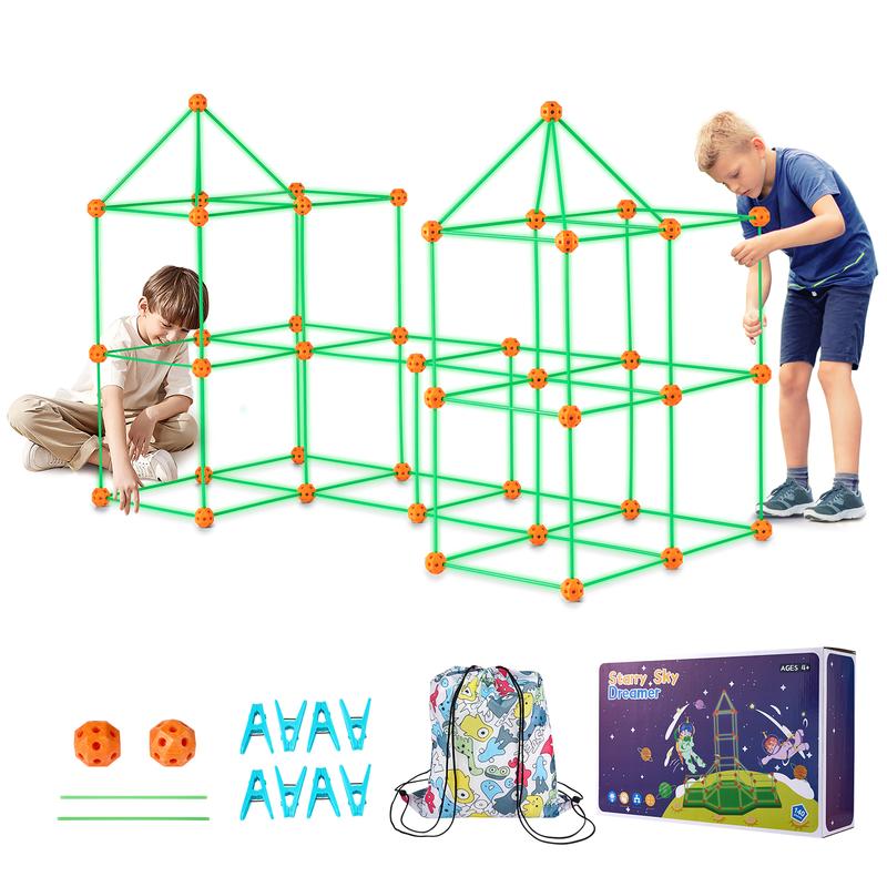 VEVOR Fort Building Kit for Kids, 140PCS Glow in The Dark STEM Building Toys, Educational Gift for 4 5 6 7 8+ Year Old Boys & Girls Indoor Outdoor Play Tent Construction Toys with 96 Rods and 44 Balls  Christmas gift