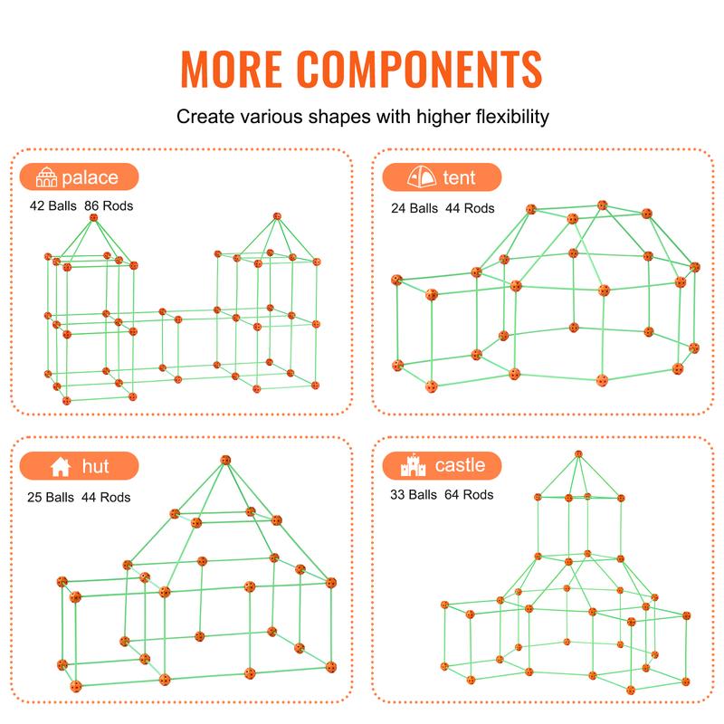 VEVOR Fort Building Kit for Kids, 140PCS Glow in The Dark STEM Building Toys, Educational Gift for 4 5 6 7 8+ Year Old Boys & Girls Indoor Outdoor Play Tent Construction Toys with 96 Rods and 44 Balls  Christmas gift