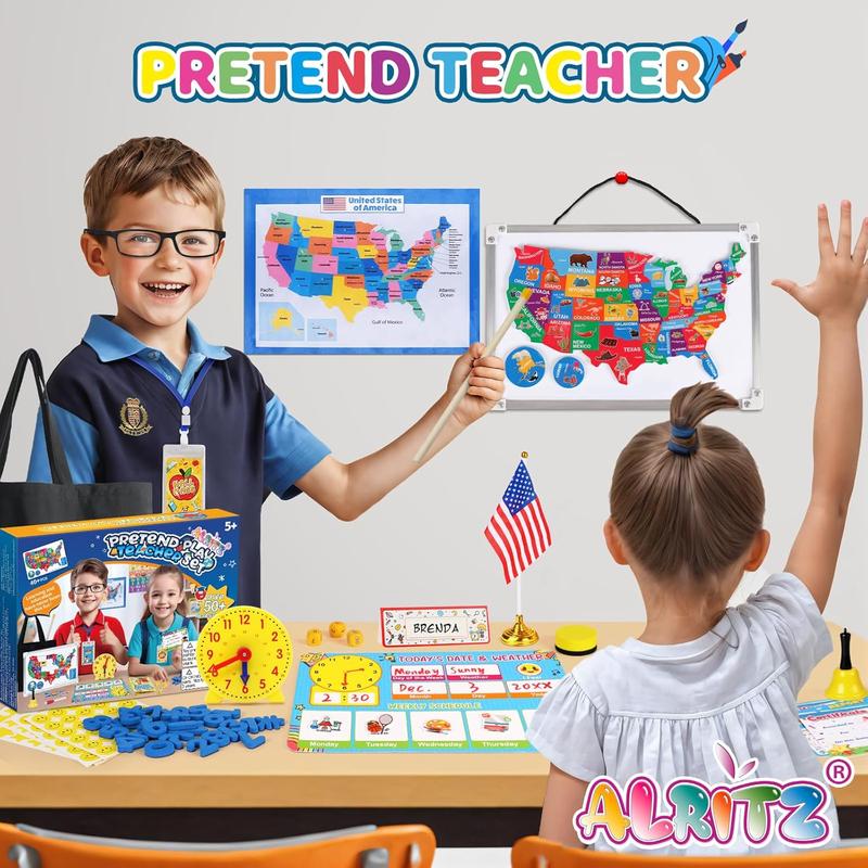 Alritz Pretend Teacher Playset, Role Pretend Play Kids School Toys Kit Include Map, Calendar, White Board Boys Girls Toys, Halloween Christmas Birthday Gift for Ages 5 6 7 8 9 10 11 12 13