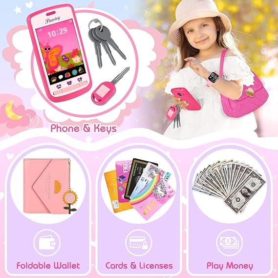 Kids Play Purse for Little Girls Toddlers, Toy Purse with Accessories, Wallet, Fake Phone, Fake Makeup Toys & Play Jewelry, Toddler Pretend Play Toys for Girls, Little Girl Gifts Age 3 4 5 6 Year Old