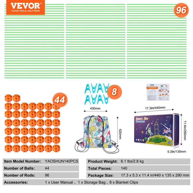 VEVOR Fort Building Kit for Kids, 140PCS Glow in The Dark STEM Building Toys, Educational Gift for 4 5 6 7 8+ Year Old Boys & Girls Indoor Outdoor Play Tent Construction Toys with 96 Rods and 44 Balls  Christmas gift