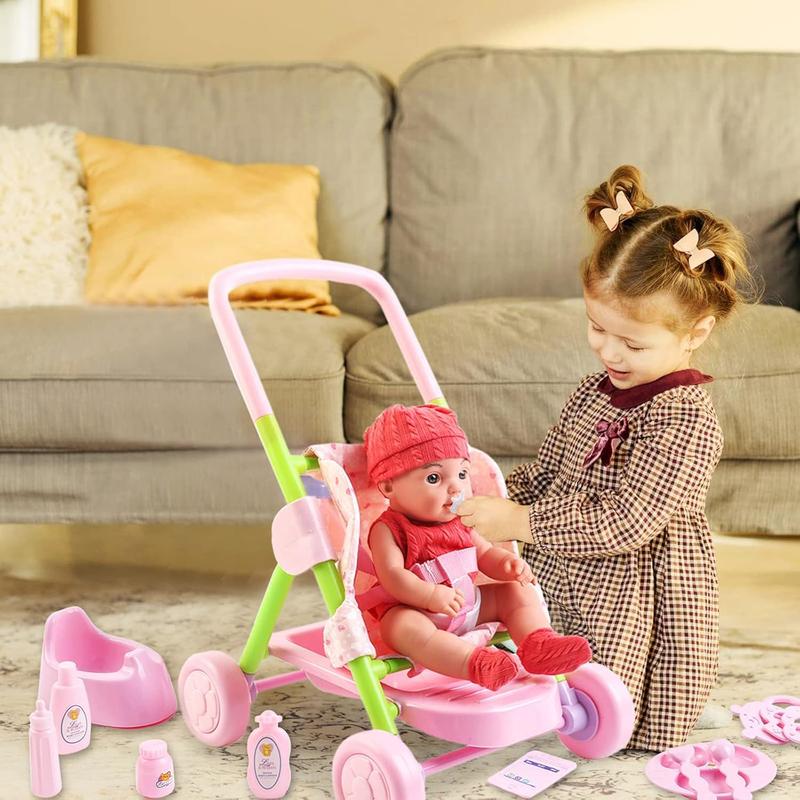 deAO Baby Doll Stroller Set,12 inch Doll Playset with Smooth Rolling 11Pcs Baby Doll Accessories - Great Baby Doll Pretend Toy for 3 4 5 Girls